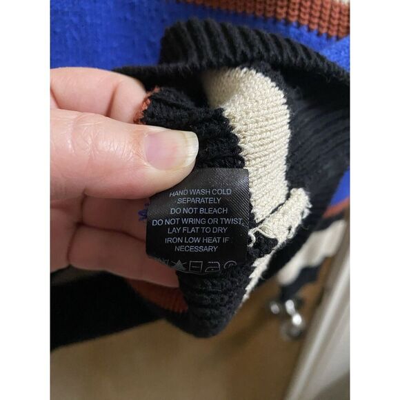 Summer & Sage Cable Knit Stripped Sweater Crochet Top Blue/Taupe/Black Size S - Picture 12 of 12